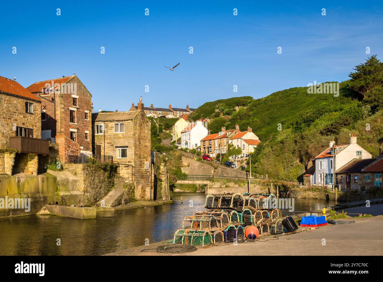 Staithes, North Yorkshire, Royaume-Uni - ancien village de pêcheurs de Staithes, à marée haute un matin d'été. Banque D'Images