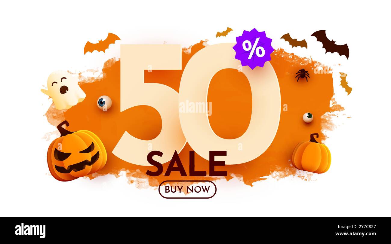 50 % de réduction. Modèle de bannière de vente d'Halloween. Podium et numéros avec montant de remise. Offre spéciale octobre. Illustration vectorielle. Illustration de Vecteur