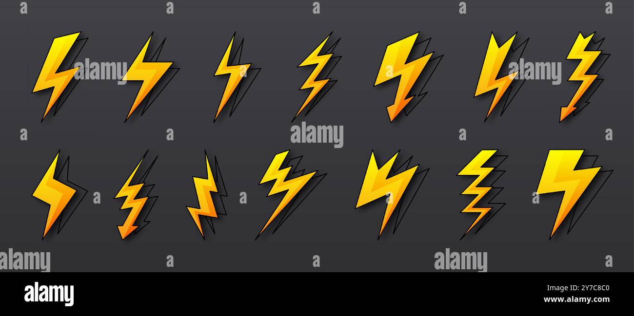 Foudre. Éclair de boulon de tonnerre, tempête ou lumière de boulon de tonnerre électrique. Frappe instantanée, orage ou recharge. Icônes jaunes collection différentes formes. Symbole de tension électrique. Logo vectoriel Illustration de Vecteur