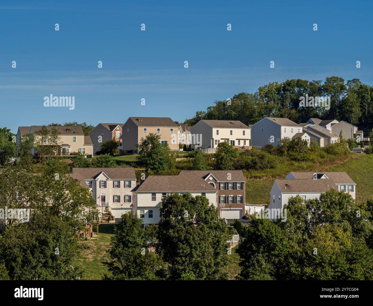 Les maisons unifamiliales sont nichées dans une banlieue américaine typique, entourées d'arbres verts, sous un ciel bleu vif, capturant l'essence du su tranquille Banque D'Images