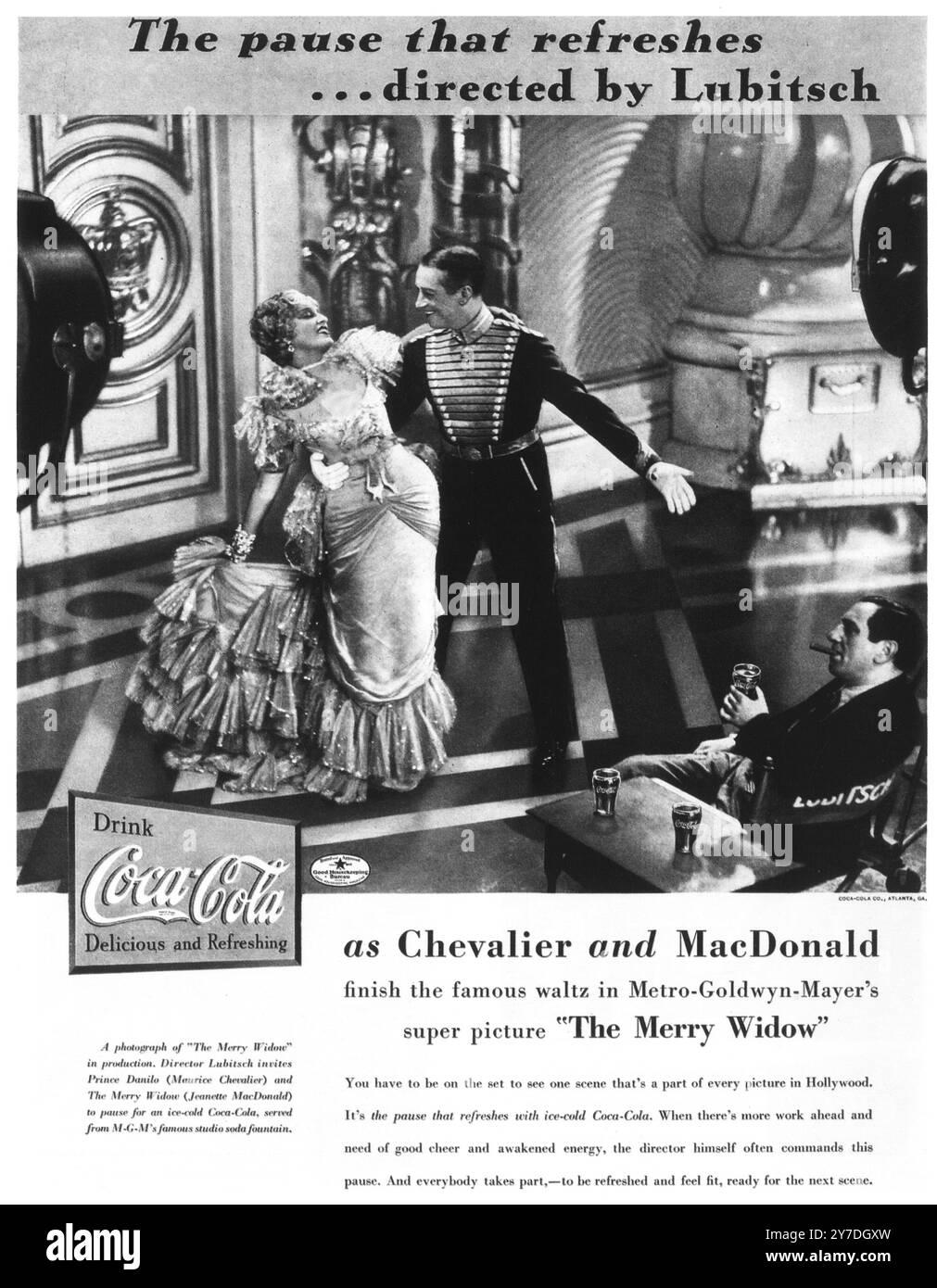 1934 Coca-Cola annonce avec MGM 'la veuve joyeuse' avec Maurice Chevalier et Jeanette MacDonald, réalisé par Ernst Lubitsch Banque D'Images