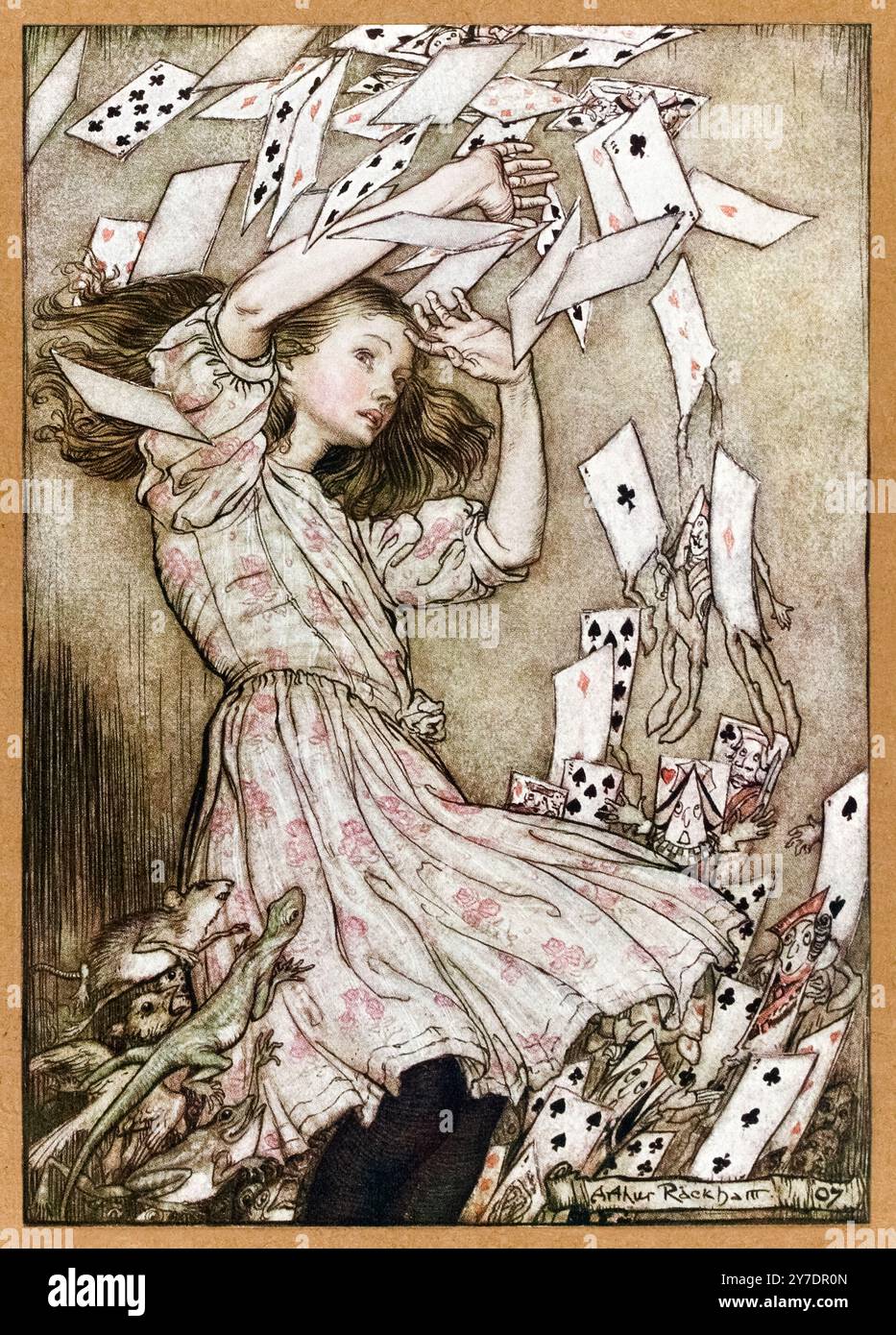 "A ce moment-là, tout le peloton s'est levé dans les airs, et est venu voler sur elle"" illustration tirée de "Alice's Adventures in Wonderland" de Lewis Carroll (1832-1898), oeuvre d'Arthur Rackham (1867-1939). Photographie tirée d'une première édition de 1907 publiée par William Heinemann, Londres et Doubleday, page & Co, New York. Crédit : AF Fotografie / Collection privée Banque D'Images