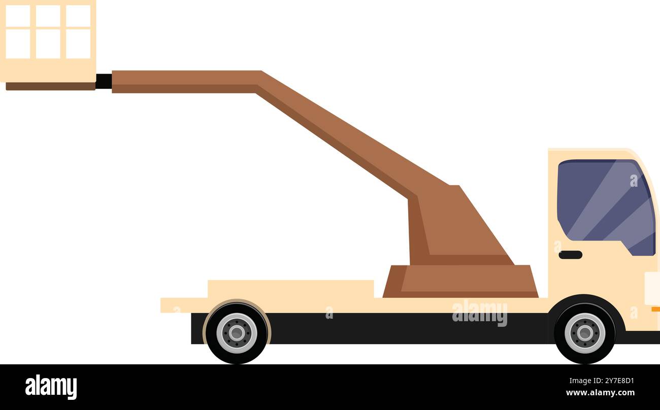 Ce camion benne beige étend son bras, prêt à soulever des ouvriers à des hauteurs importantes pour diverses tâches de construction ou d'entretien Illustration de Vecteur