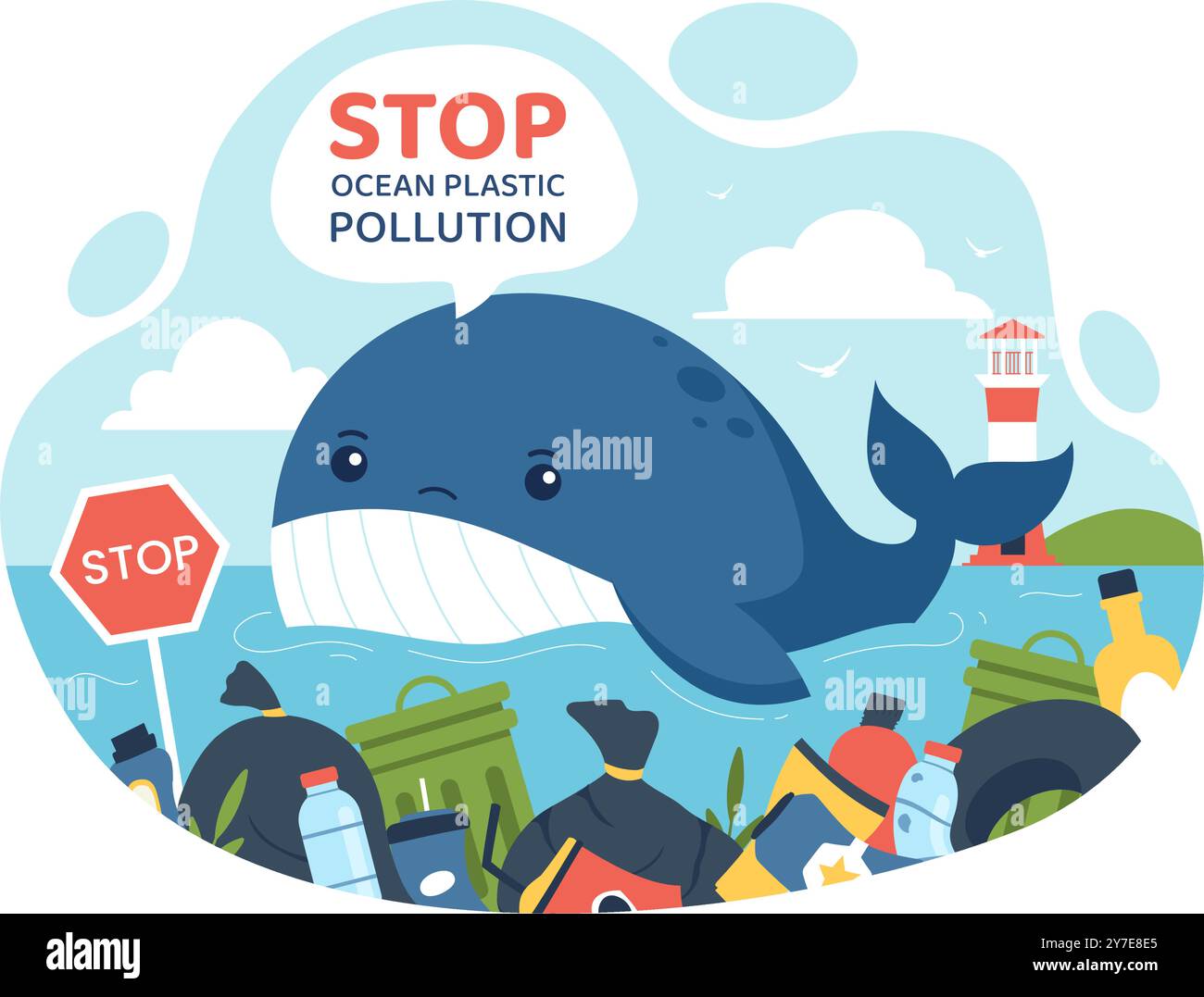 Stop Ocean Plastic pollution Vector illustration avec Trash Under the Sea Like a Waste Bags et bouteilles, nuisant à l'écosystème de poissons et de récifs coralliens Illustration de Vecteur