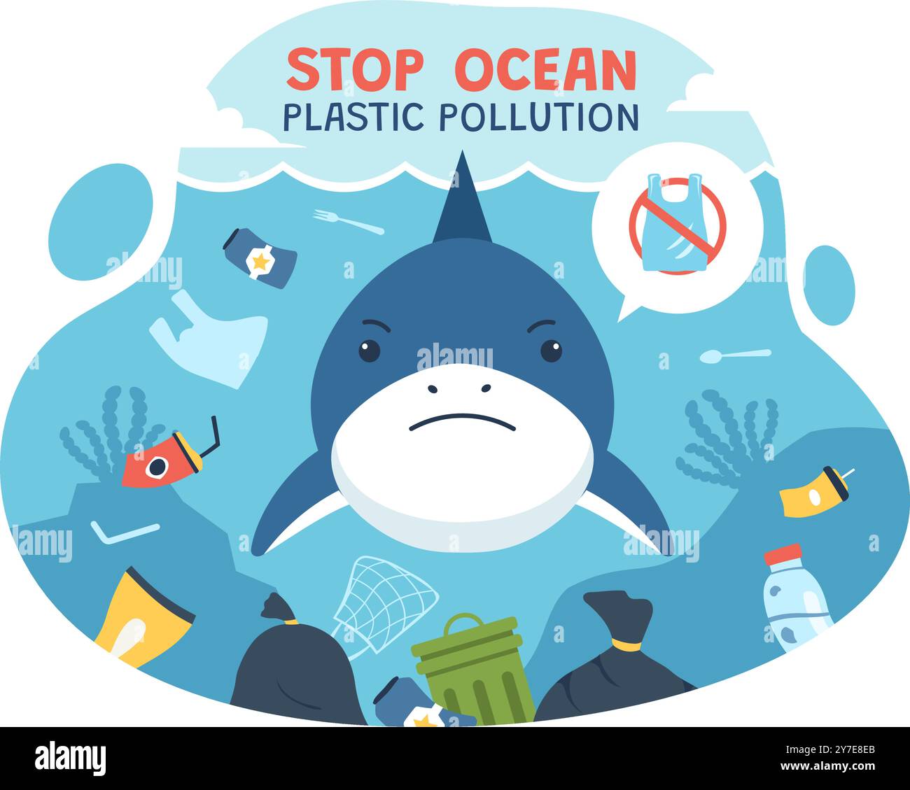 Stop Ocean Plastic pollution Vector illustration avec Trash Under the Sea Like a Waste Bags et bouteilles, nuisant à l'écosystème de poissons et de récifs coralliens Illustration de Vecteur