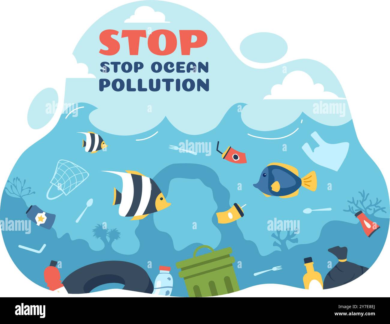 Stop Ocean Plastic pollution Vector illustration avec Trash Under the Sea Like a Waste Bags et bouteilles, nuisant à l'écosystème de poissons et de récifs coralliens Illustration de Vecteur