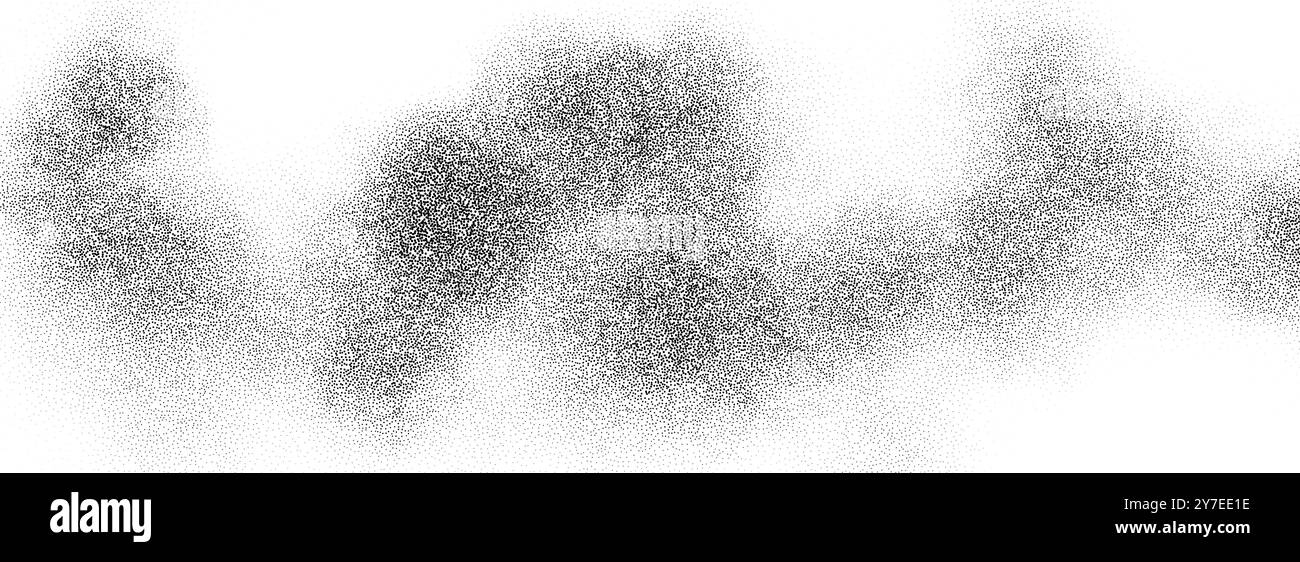 Texture dégradé de nuages de fumée pointillés. Fond de grain de sable fluide grunge. Fond d'écran de travail de point de brouillard ondulé de bruit de fond. Des points noirs et blancs, des taches, des particules ou des granulés recouvrent le fond. Vecteur Illustration de Vecteur