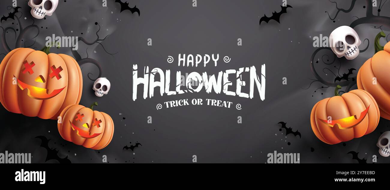 Conception de bannière vectorielle de fond halloween heureuse. Halloween trick ou traiter texte de voeux dans un fond noir de nuit effrayant avec un élément effrayant mignon Illustration de Vecteur
