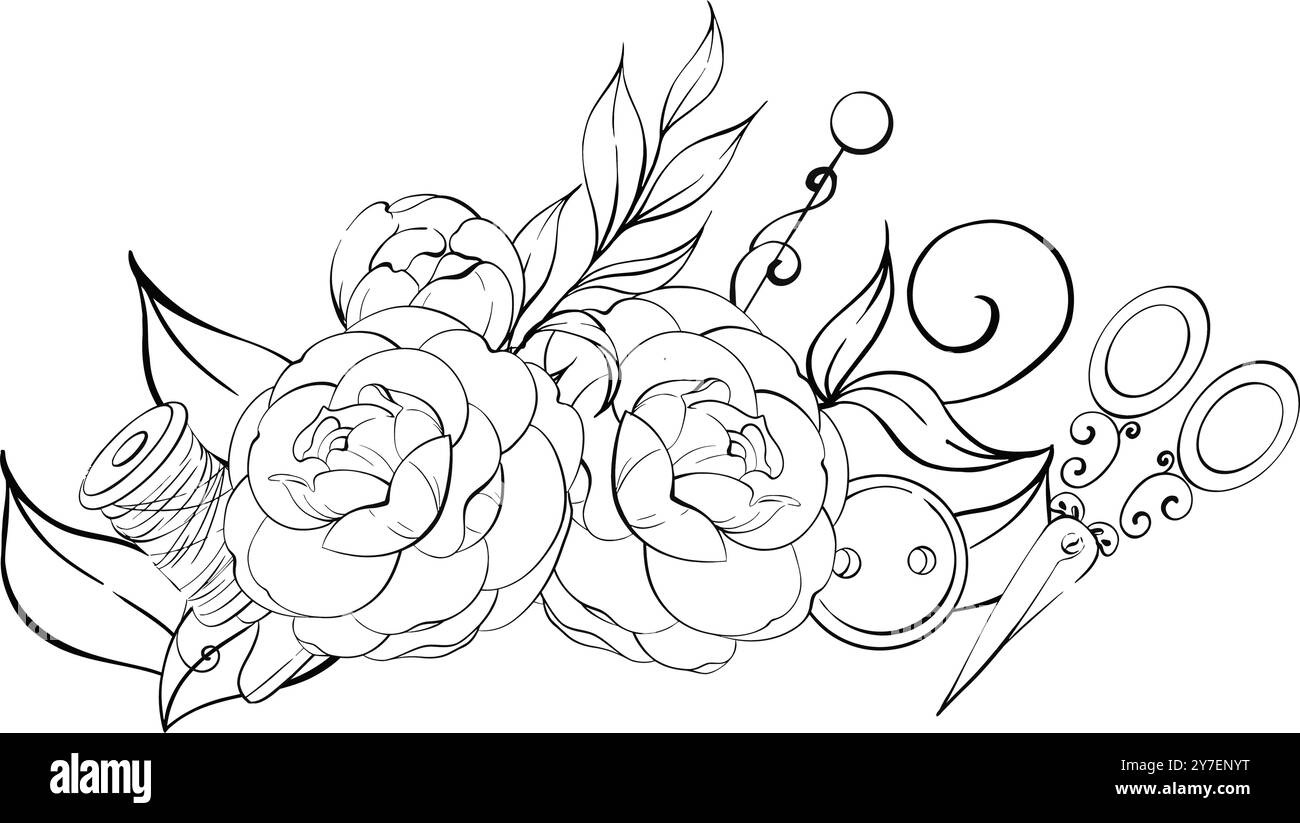 Ciseaux et bobine de fil avec des fleurs. Compositions d'outils de couture vintage, arrangement. Artisanat dans un style rétro. Vintage old-fashion, couture Illustration de Vecteur