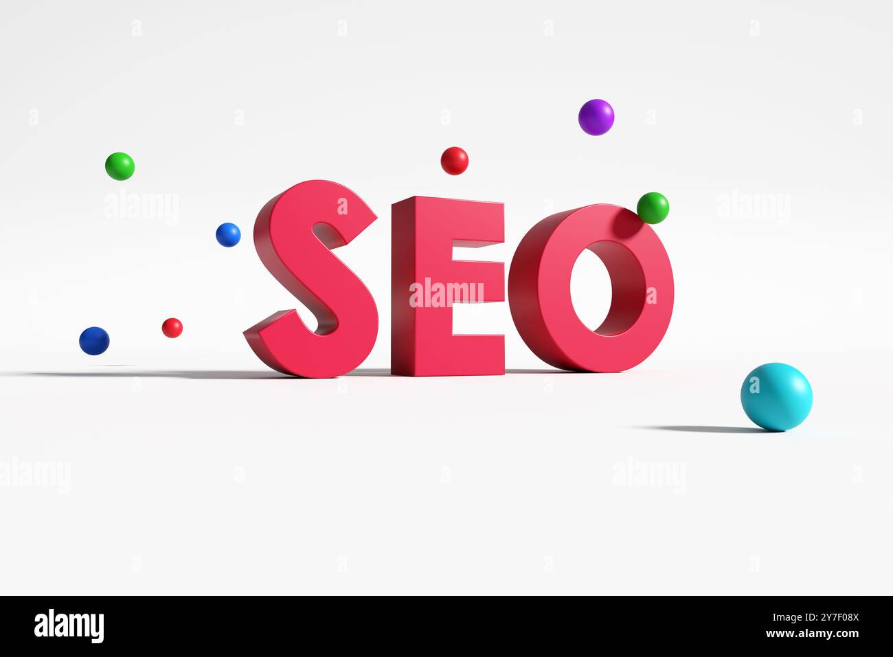 Optimisation des moteurs de recherche. Rendu 3D de l'acronyme SEO avec des sphères colorées flottant autour des lettres sur un fond blanc. Banque D'Images