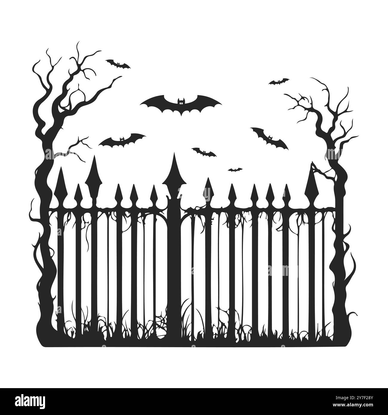 Chauves-souris et vieille clôture cassée, silhouette de décor d'Halloween. Illustration vectorielle Illustration de Vecteur