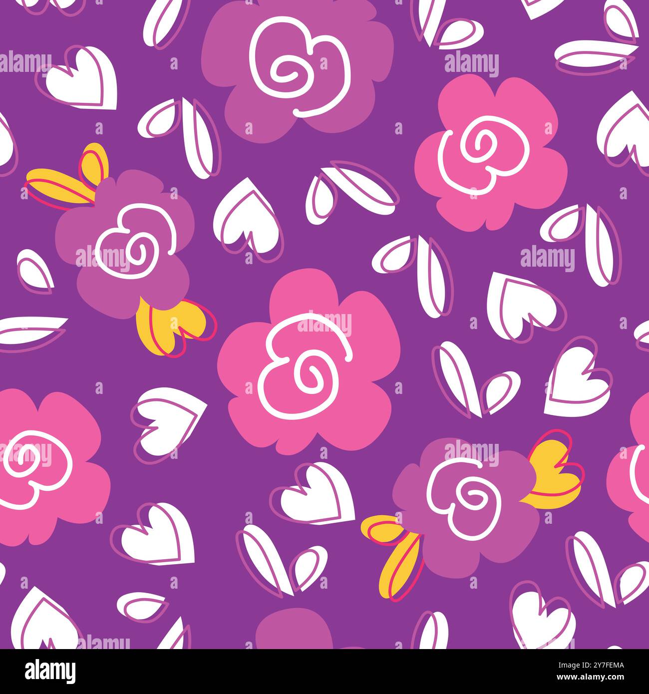 Motif fleuri enfant. Mignon grand motif rose avec des fleurs, des coeurs et des feuilles. Imprimé filles. Fond de printemps violet pour pyjamas pour enfants, tissu, tex Illustration de Vecteur