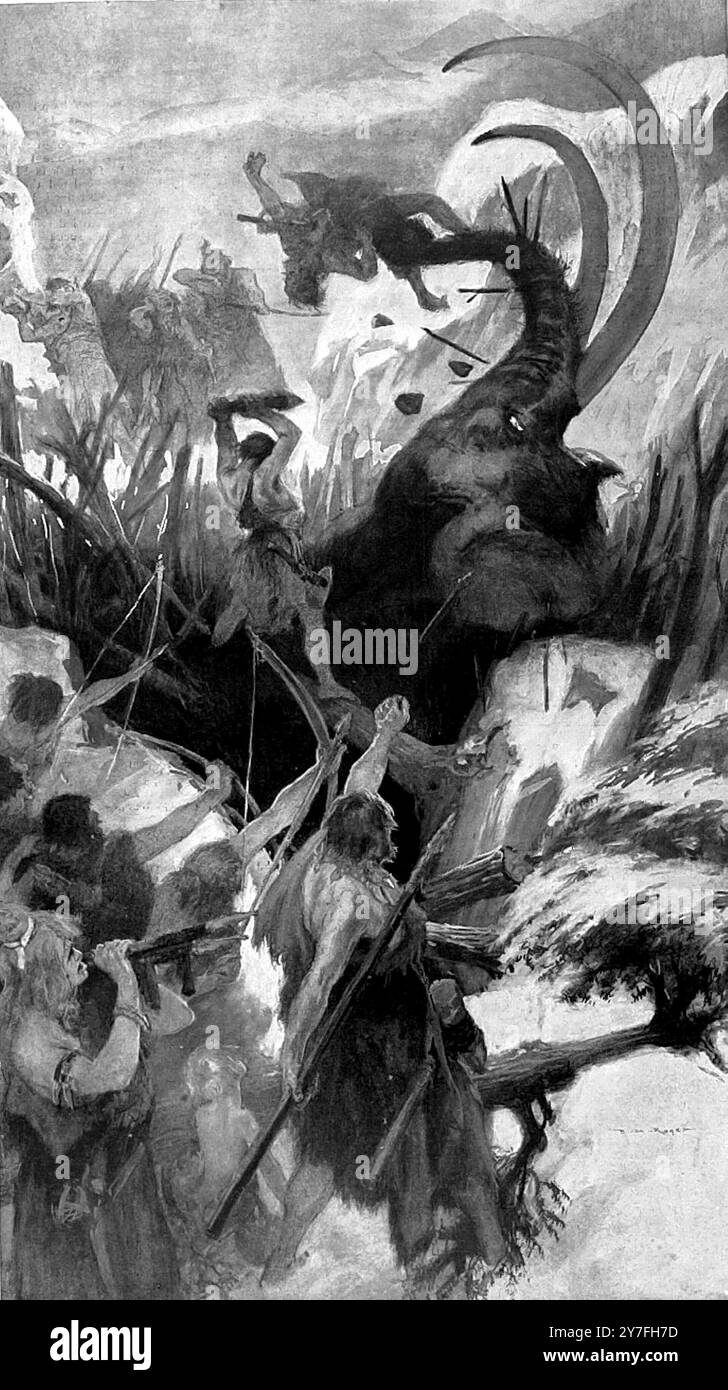 La chasse il y a 20 000 ans : la chasse à l'époque préhistorique . Le massacre d'un mommouth avec des armes de pierre , après l'avoir piégé dans une fosse spécialement creusée . Banque D'Images