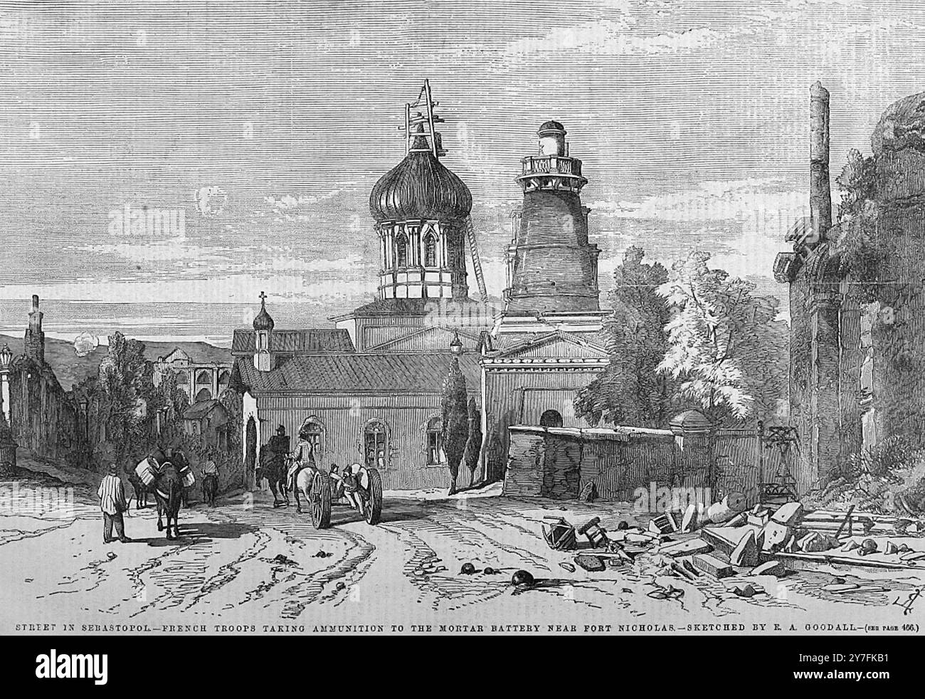 La guerre de Crimée 1855 . Destruction dans une rue à Sébastopol . Le bâtiment principal de cette vue est la nouvelle église , qui a la coupole si commune dans les édifices russes . La tour attenante est appelée par les Français la Tour de la Marine. La vie de la scène est un groupe de troupes françaises abattant des munitions à leur batterie de mortier près de Fort Nicholas. Banque D'Images