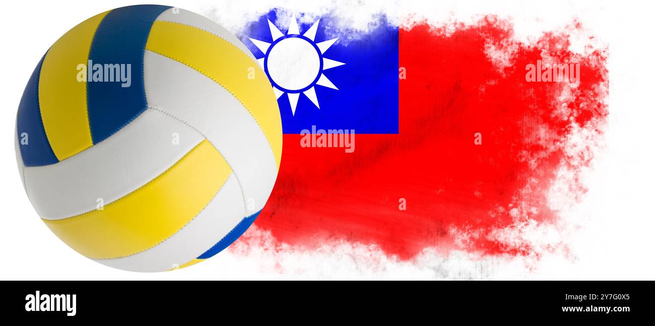 Fond blanc avec ballon de volley-ball et drapeau de Taiwan Banque D'Images