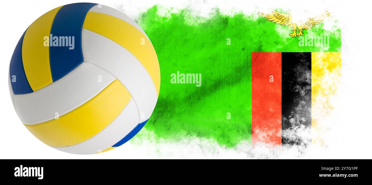 Fond blanc avec ballon de volley-ball et drapeau de Zambie Banque D'Images