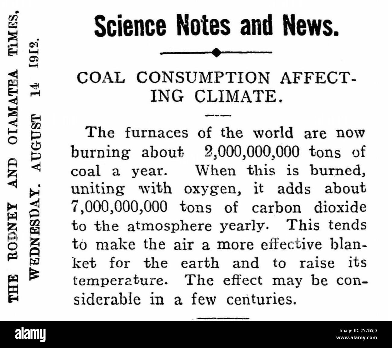 RÉCHAUFFEMENT CLIMATIQUE Un article de 1912 dans le magazine américain Popular Mechanics notant comment brûler le charbon ajoute au dioxyde de carbone dans l'atmosphère et augmente les températures. Banque D'Images