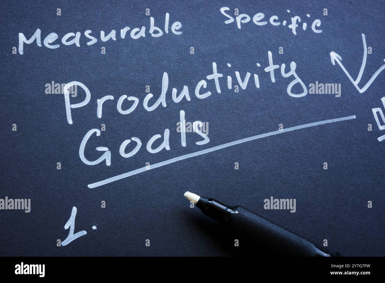Papier foncé avec l'expression objectifs de productivité. Efficacité du travail et stratégie de définition des objectifs. Banque D'Images