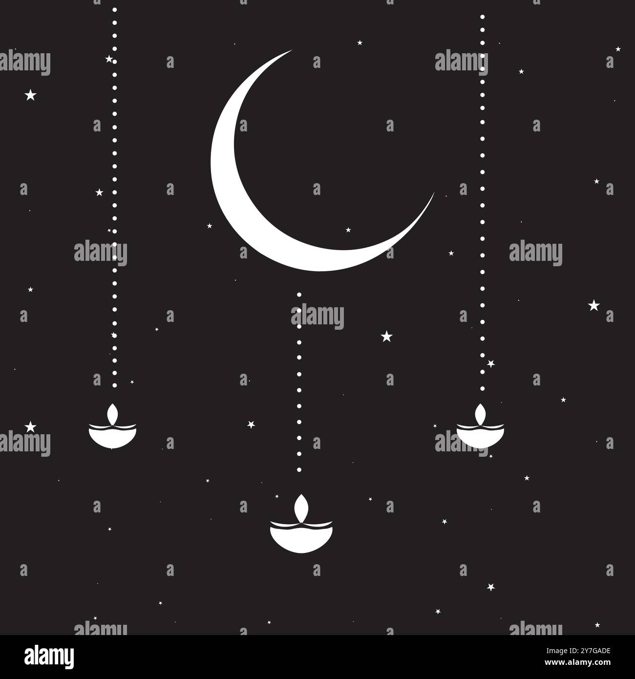 Croissant de lune et étoiles sur des bateaux à voile paisibles lors d'une nuit calme célébrant Diwali, Aïd, Noël et autres festivals religieux Illustration de Vecteur