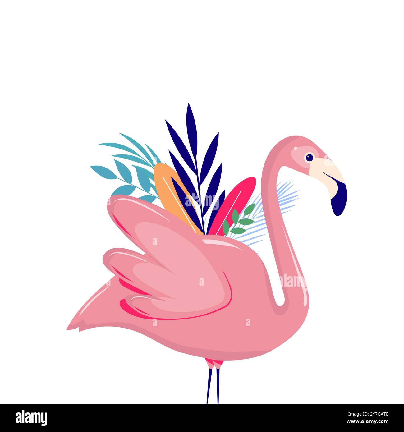 Flamant rose. Oiseau tropical exotique avec des feuilles. Collection d'animaux du zoo. Personnage de dessin animé mignon. Elément décoratif. Conception plate. Fond blanc Illustration de Vecteur