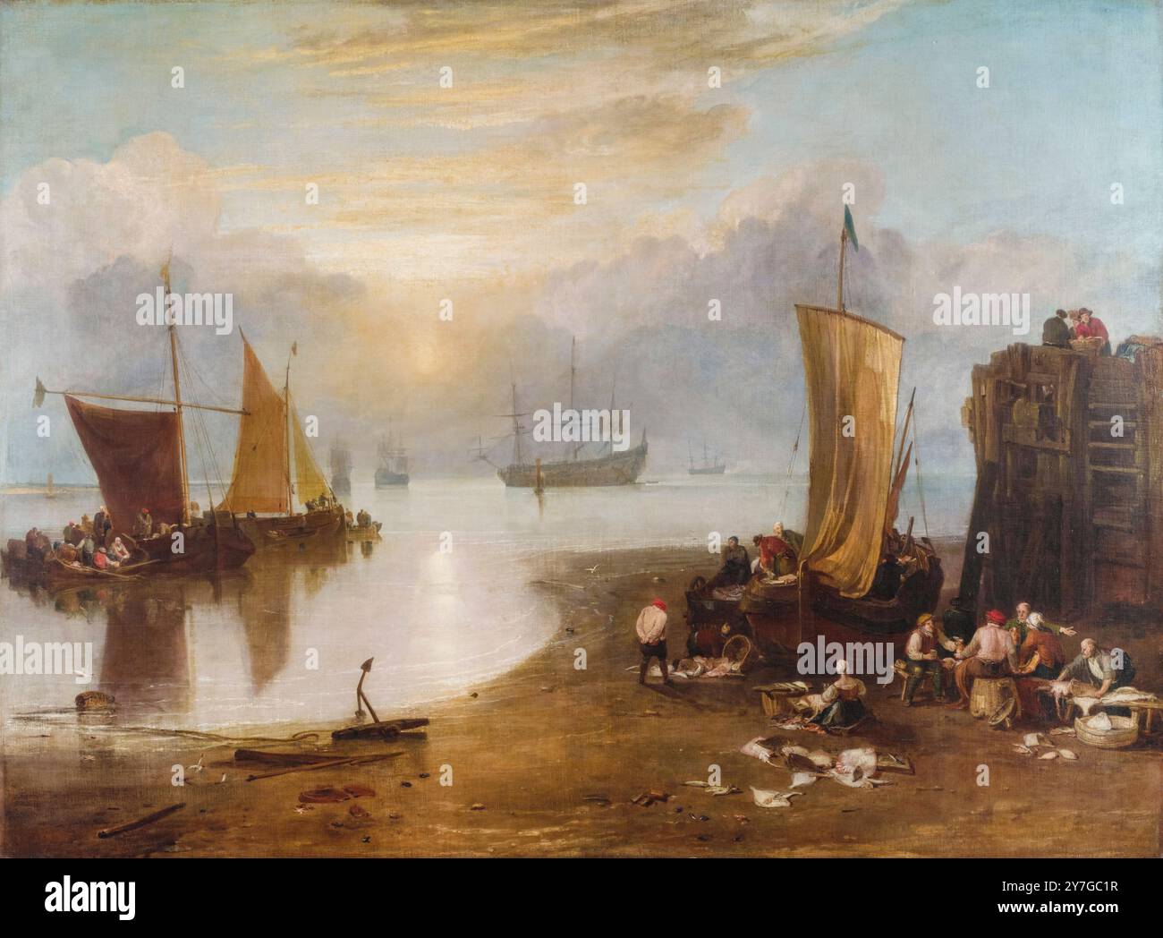 JMW Turner, Sun Rising Through Vapor ; pêcheurs nettoyant et vendant du poisson, peinture à l'huile sur toile, avant 1807 Banque D'Images