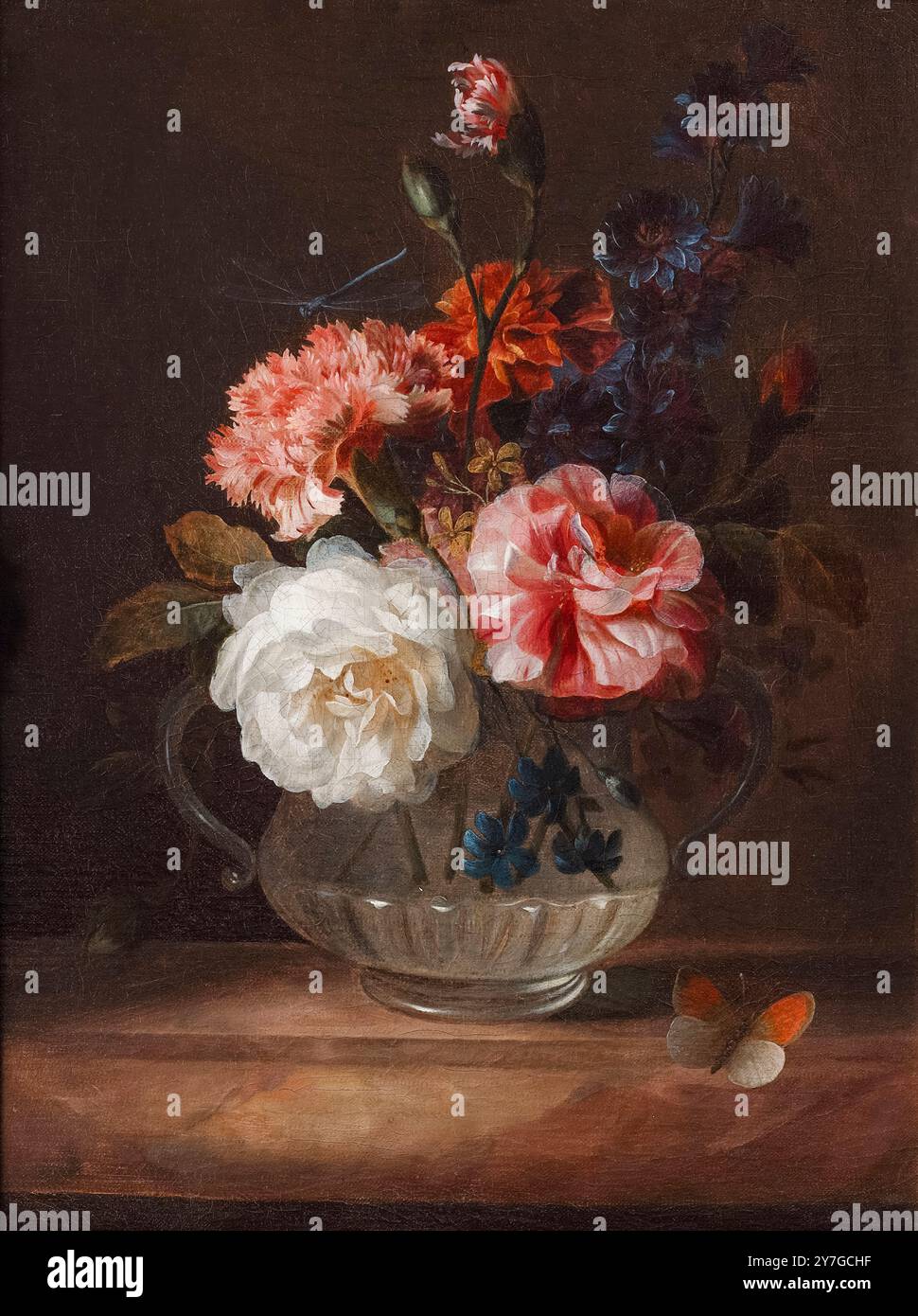 Mary Moser, natures mortes peinture de roses, œillets et autres fleurs dans un vase en verre, huile sur toile, avant 1819 Banque D'Images