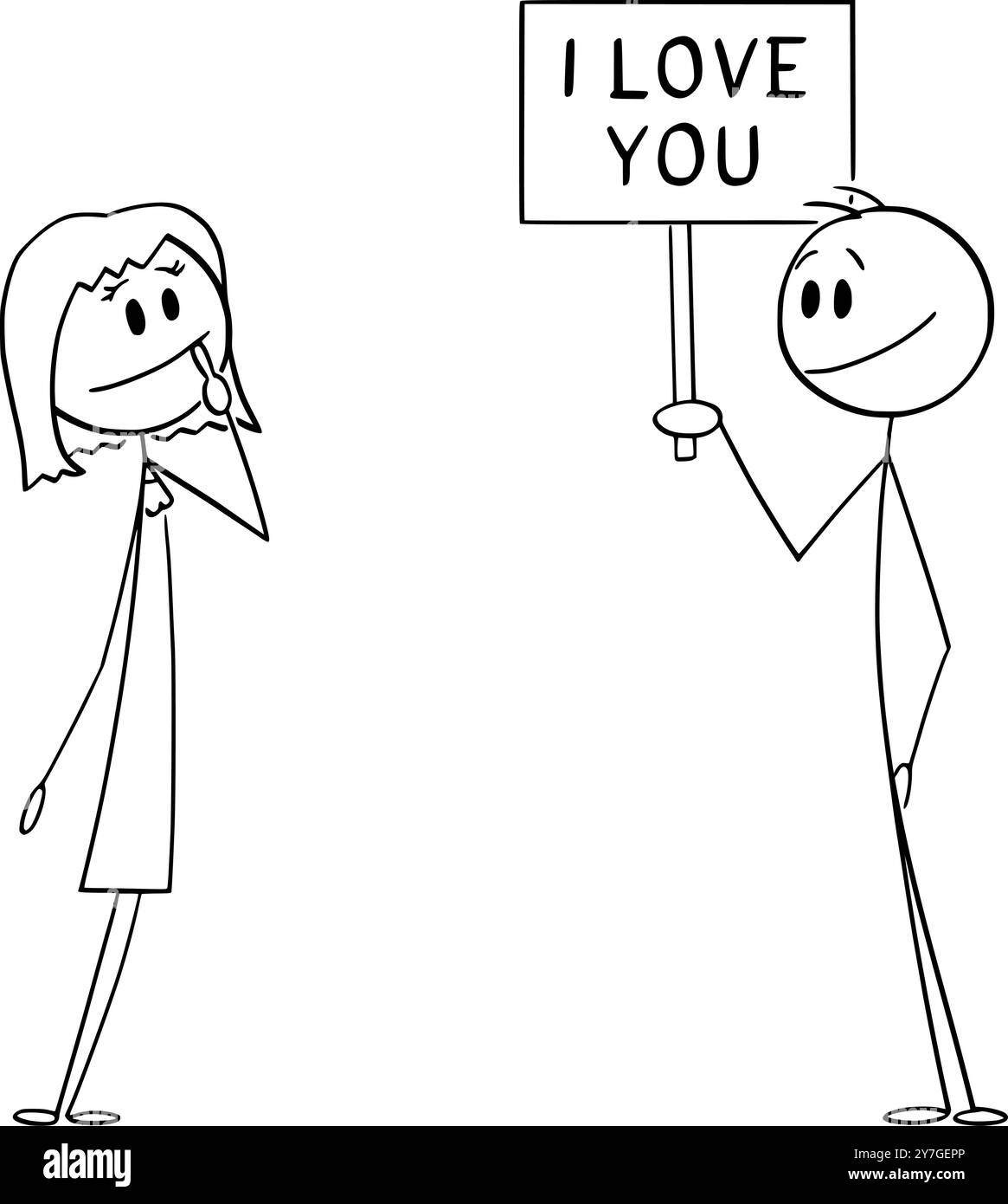 Homme tenant I Love You signe et regardant la femme, la figure de bâton de dessin animé vectoriel ou l'illustration de personnage. Illustration de Vecteur