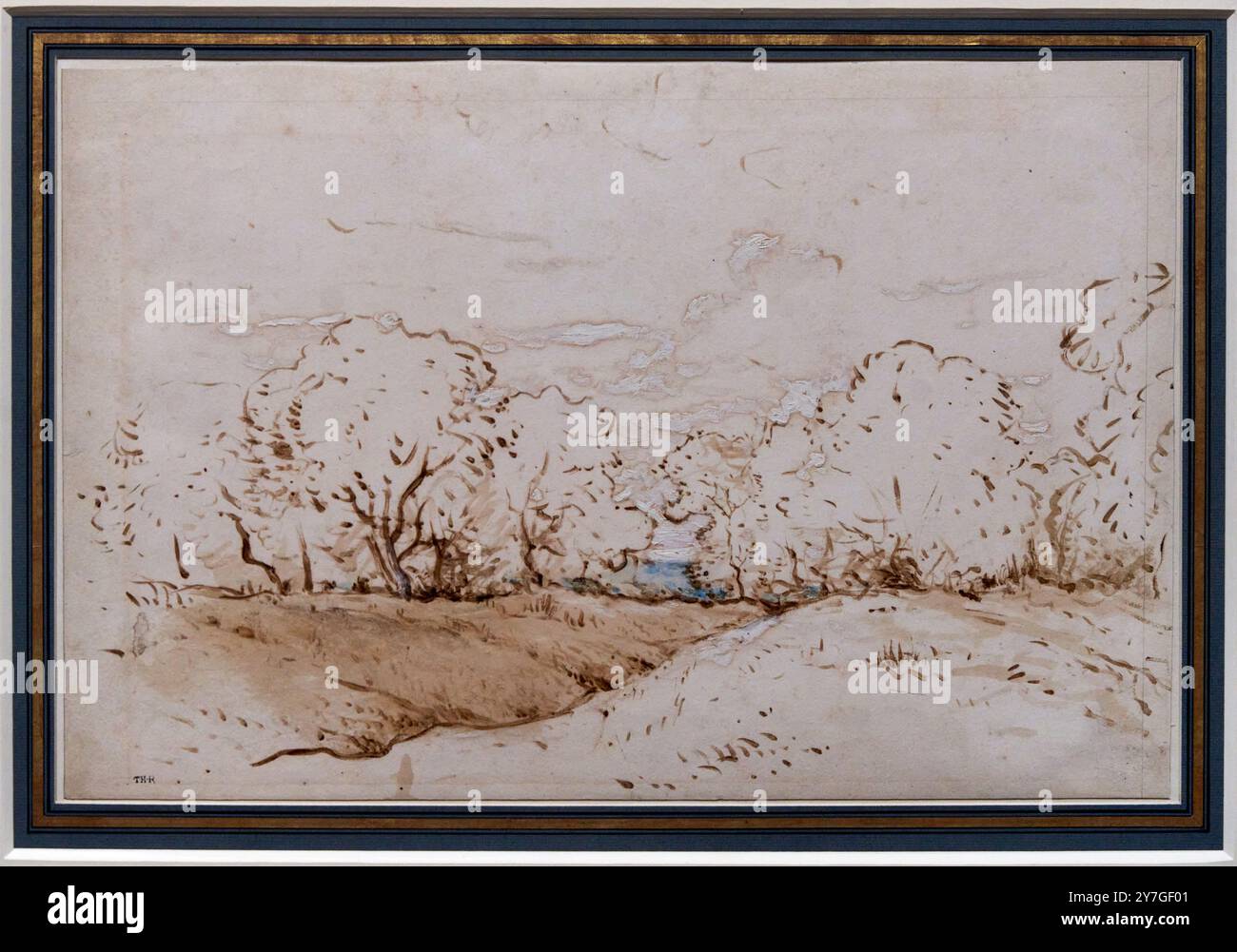 River's Edge in the Berry, 1842, Aquarelle, lavis brun, rehauts d'huile en brun, bleu et blanc, sur des traces de pierre noire, sur papier, Théodore Rousseau, (Paris, 1812 - Barbizon, 1867). Banque D'Images