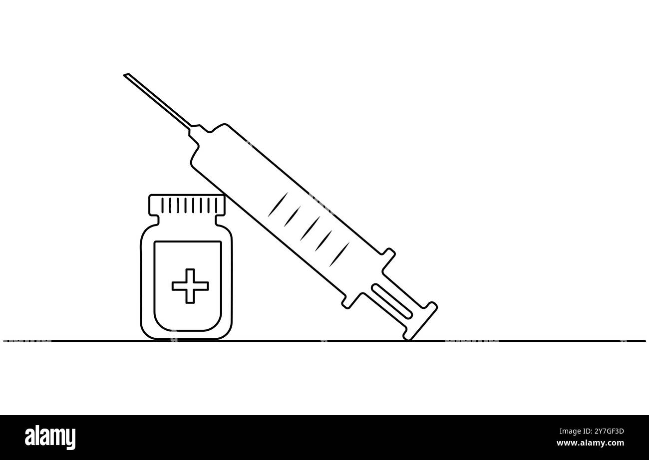 Seringue médicale et bouteille avec le médicament liquide dans l'illustration vectorielle de dessin d'une ligne continue, seringue médicale et bouteille avec le médicament liquide dedans Illustration de Vecteur