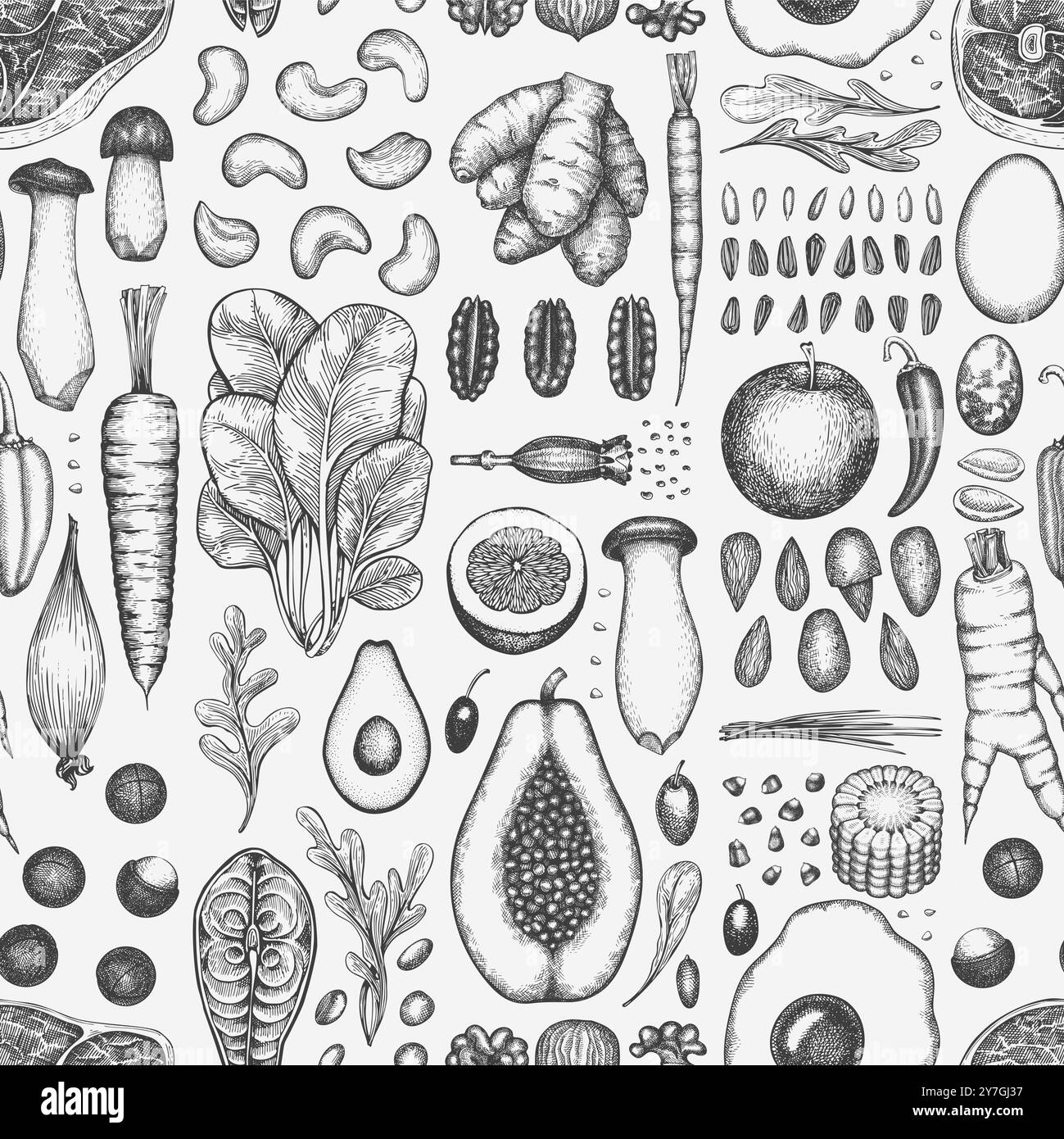 Paleo Diet Seamless Pattern. Vecteur dessiné à la main fond de nourriture saine. Illustration de menu de style vintage. Illustration de Vecteur