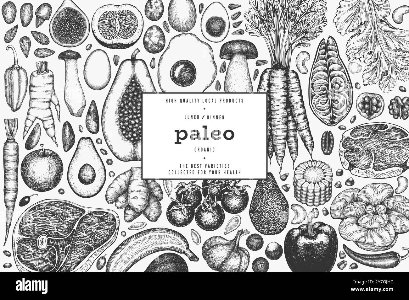 Modèle de conception de régime Paleo. Bannière de nourriture saine dessinée à la main Vector. Illustration de menu de style vintage. Illustration de Vecteur