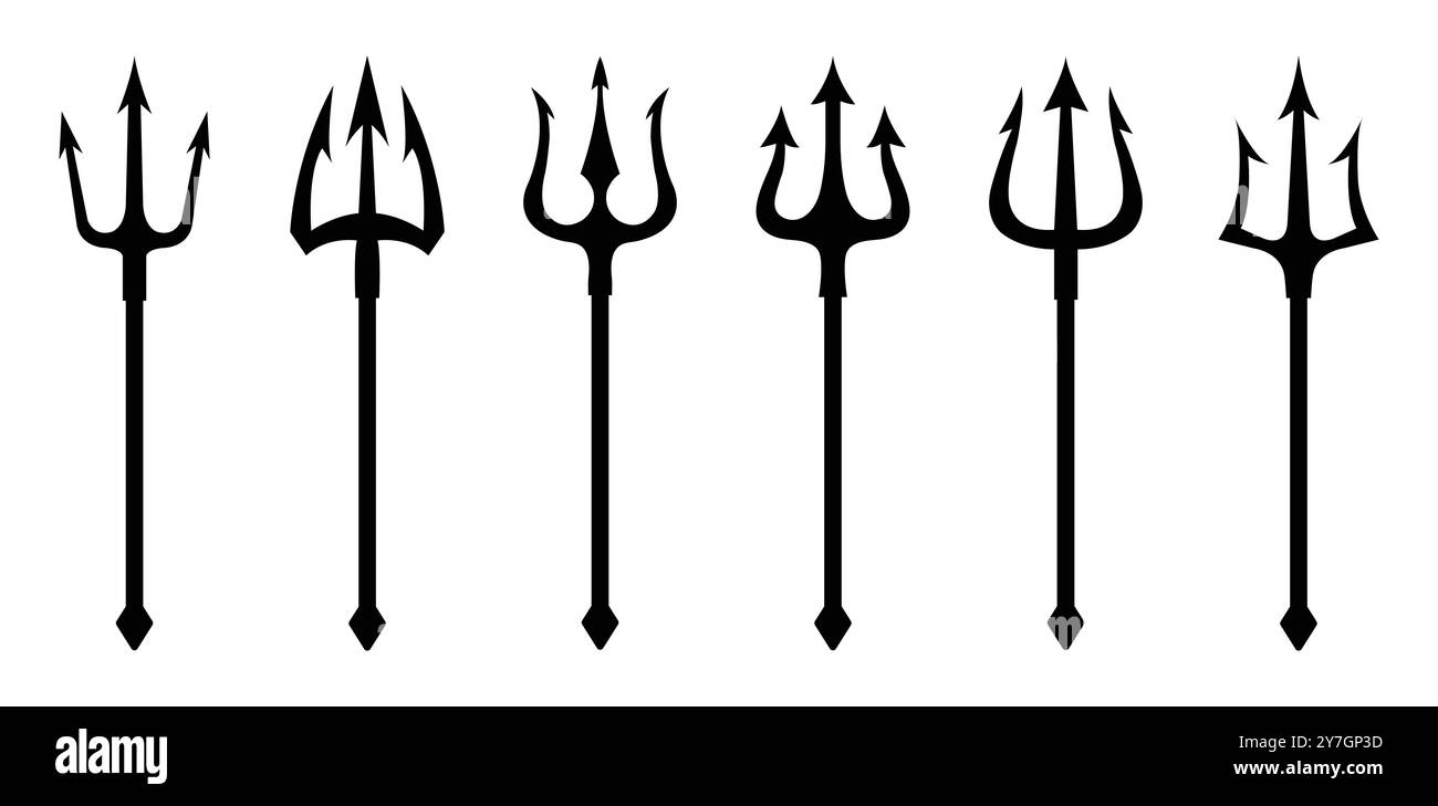 Jeu d'icônes Trident. Ensemble de silhouettes noires de trident sur un fond blanc. Neptune trident. Élément de conception pour logo, étiquette, signe, affiche. Illustration de Vecteur