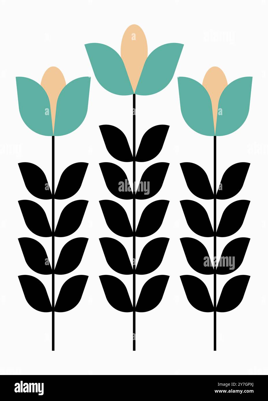 Trois fleurs sarcelle et noires minimalistes Banque D'Images