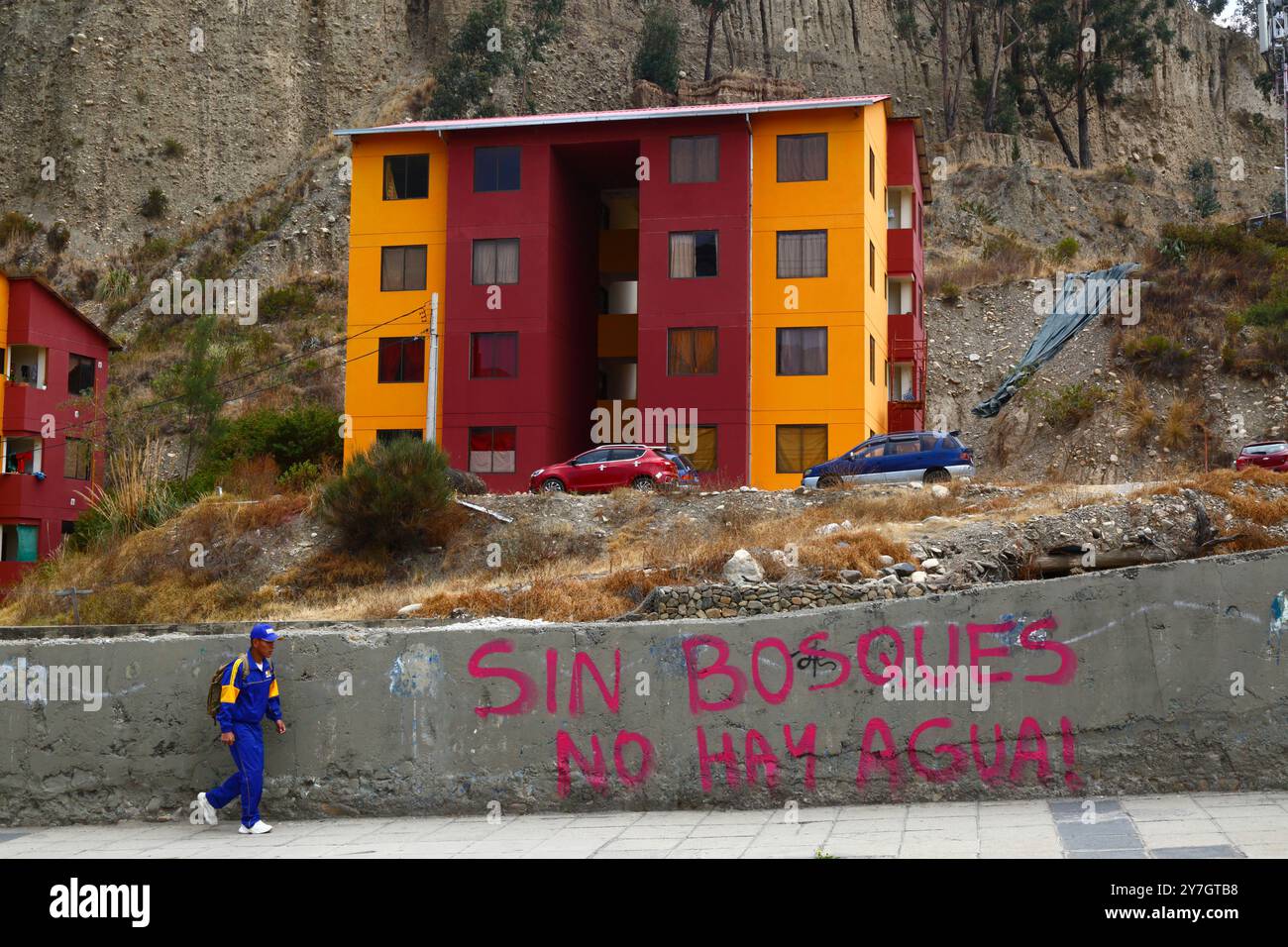 La Paz, BOLIVIE ; 26 septembre 2024 : un homme portant un survêtement bleu / des vêtements de sport passe devant un graffiti rose disant "sans forêts il n'y a pas d'eau" sur un mur de béton dans le district d'Achumani dans la Zona sur de la Paz. Plusieurs centaines de feux de forêt brûlent actuellement dans les plaines tropicales de Bolivie ; en date du 23 septembre, Global Forest Watch avait enregistré 39 387 alertes d'incendie VIIRS en Bolivie en 2024, le plus élevé jamais enregistré. Banque D'Images