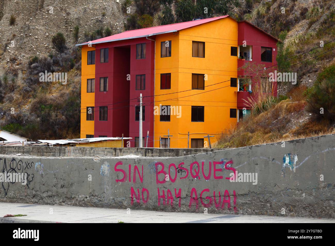 La Paz, BOLIVIE ; 26 septembre 2024 : graffiti rose 'sans forêts il n'y a pas d'eau' sur un mur de béton dans le district d'Achumani dans la Zona sur de la Paz. Plusieurs centaines de feux de forêt brûlent actuellement dans les plaines tropicales de Bolivie ; en date du 23 septembre, Global Forest Watch avait enregistré 39 387 alertes d'incendie VIIRS en Bolivie en 2024, le plus élevé jamais enregistré. Banque D'Images