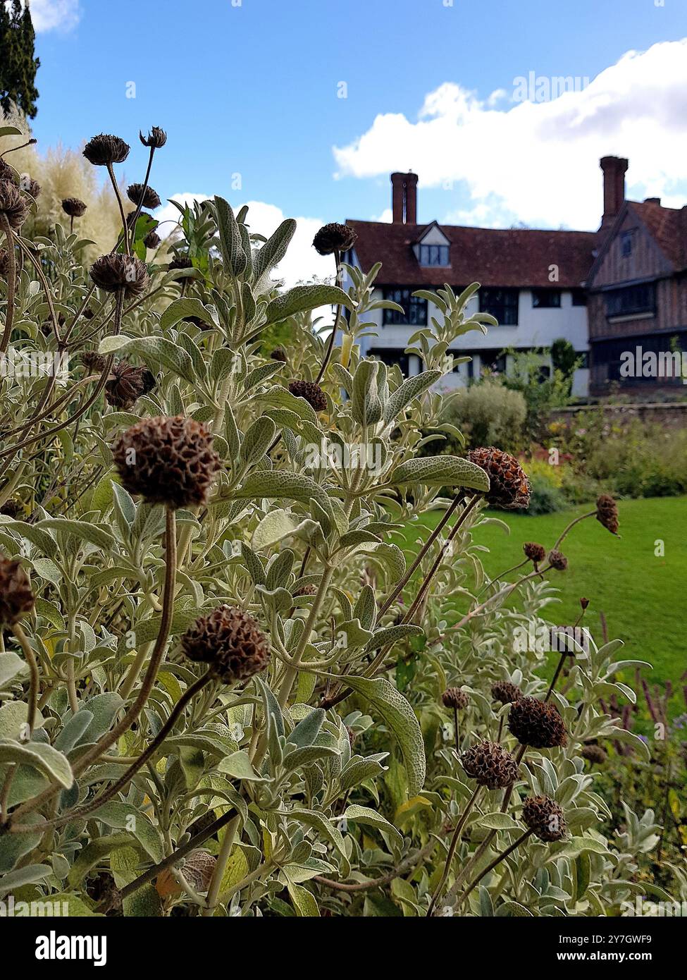 Détail d'une maison médiévale dans un cadre de jardin. Banque D'Images