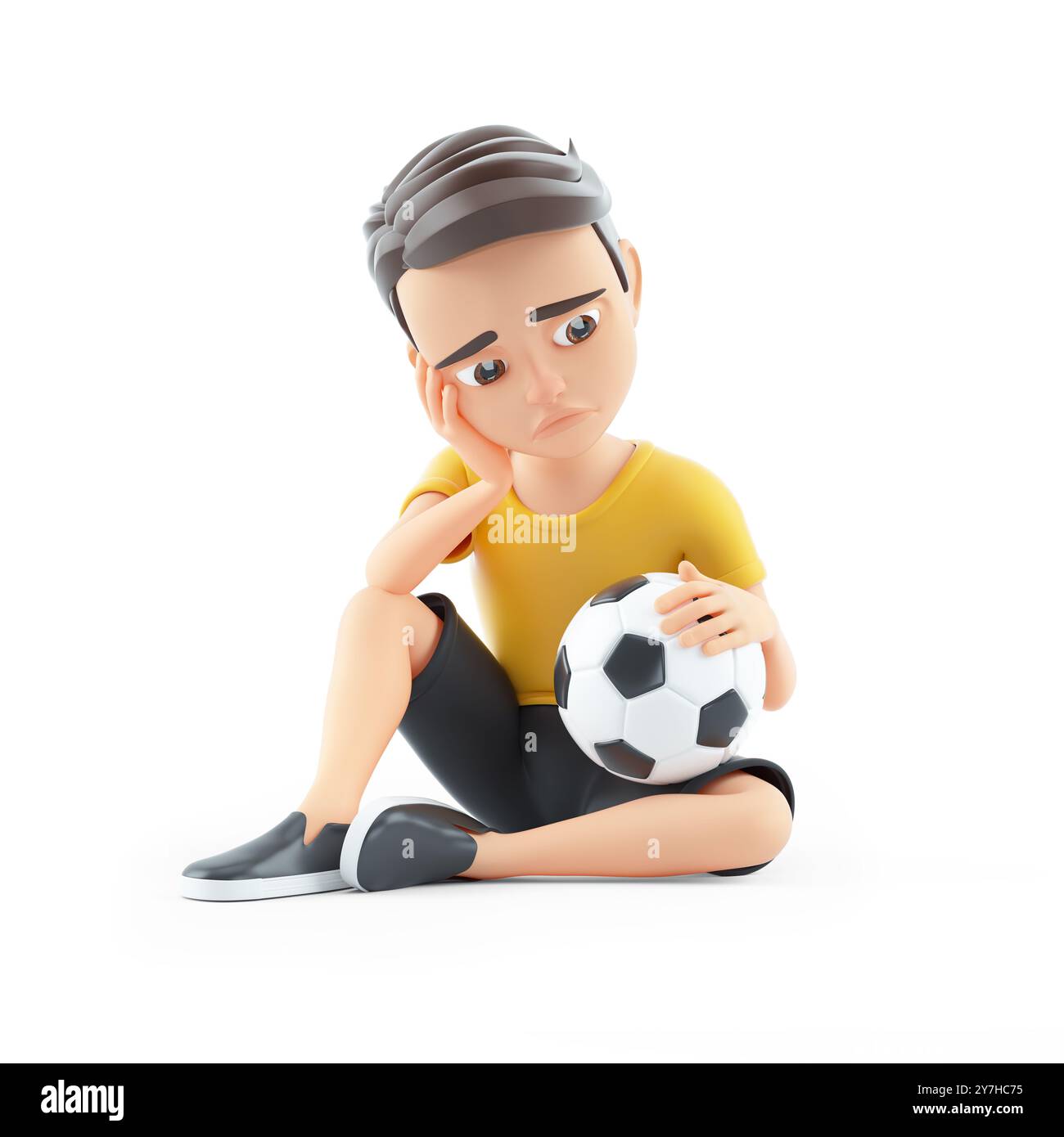 3d garçon triste assis sur le sol avec ballon de football, illustration isolée sur fond blanc Banque D'Images