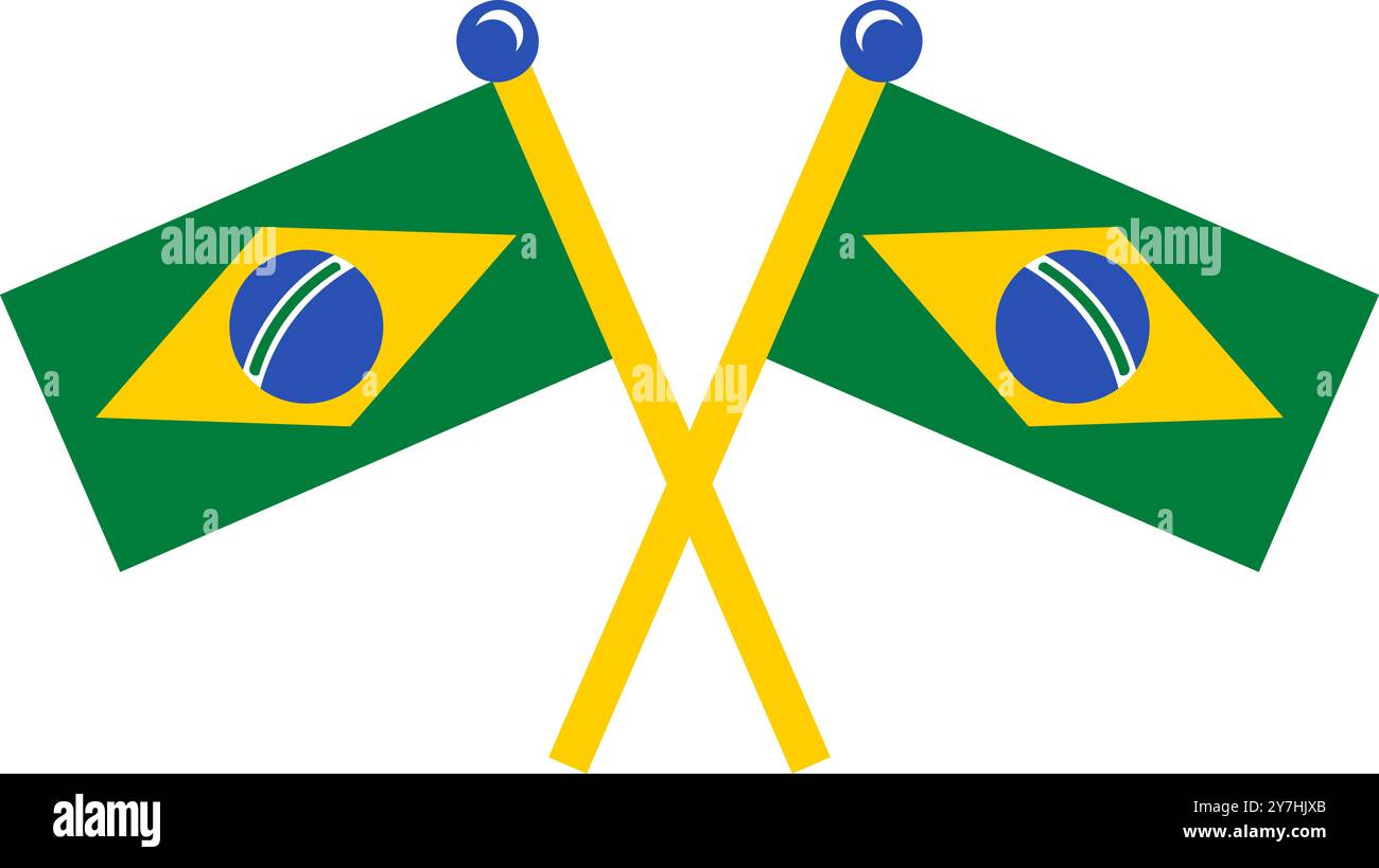 Une illustration vectorielle vibrante de drapeaux brésiliens croisés dans un style de dessin animé plat. Campagnes touristiques, brochures de conception, dépliants ou emballages présentant Illustration de Vecteur