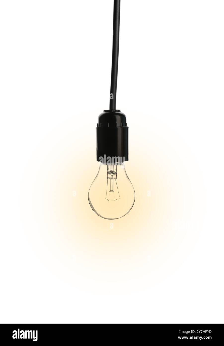 Une ampoule lumineuse incandescente suspendue sur fond blanc Banque D'Images