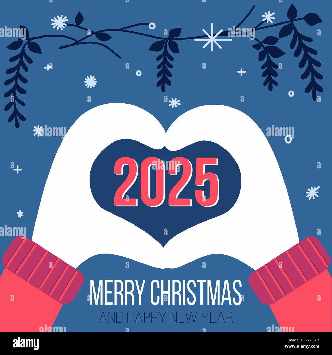 Illustration du nouvel an avec les mains pliées dans un cœur et des flocons de neige. Carte de Noël avec texte sur fond bleu. Nouvel an 2025 Illustration de Vecteur