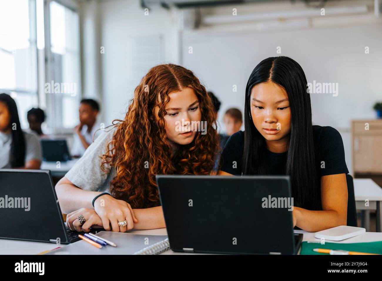 Amis féminins concentrés étudiant sur ordinateur portable tout en étant assis dans la salle de classe au collège Banque D'Images