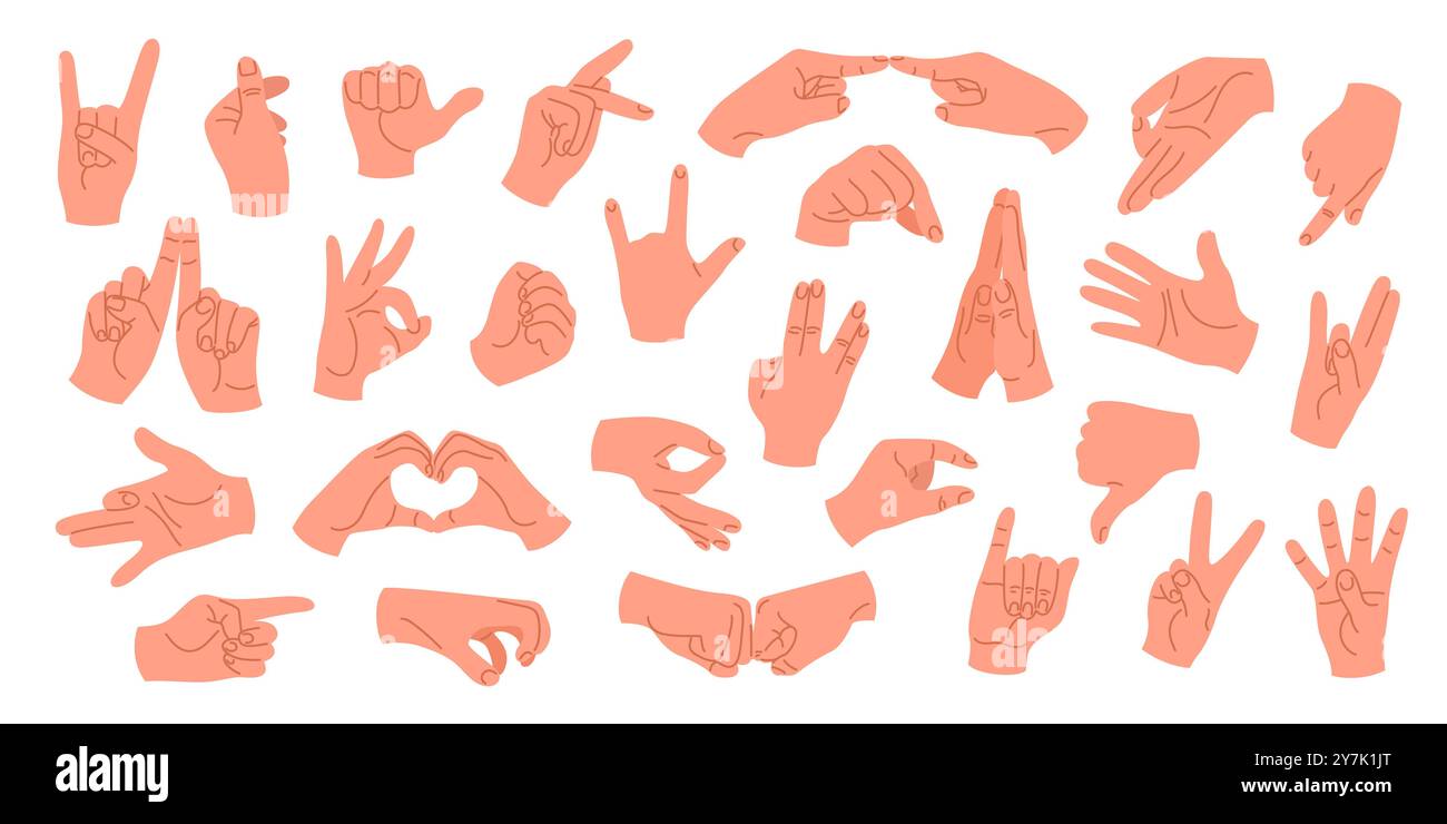 Mains humaines avec différents gestes et positions. Illustration de Vecteur