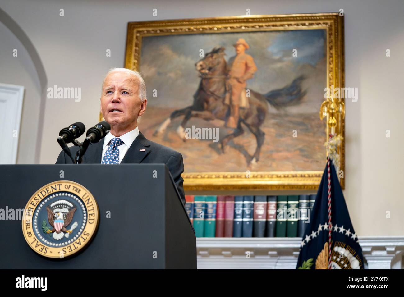 Washington, États-Unis. 30 septembre 2024. Le président Joe Biden prononce un discours sur les efforts de son administration en réponse à l'ouragan Hélène dans la salle Roosevelt de la Maison Blanche à Washington, DC le lundi 30 septembre 2024. Photo de Bonnie Cash/UPI crédit : UPI/Alamy Live News Banque D'Images