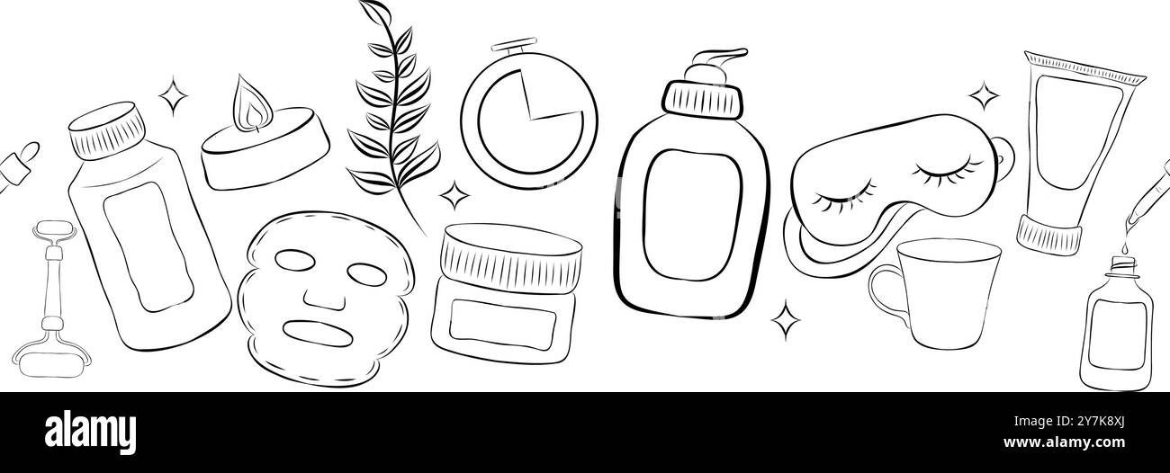 Toile de fond carrée décorée avec des outils de maquillage et des cosmétiques dessinés à la main avec des lignes de contour sur fond blanc. Illustration vectorielle réaliste monochrome Illustration de Vecteur