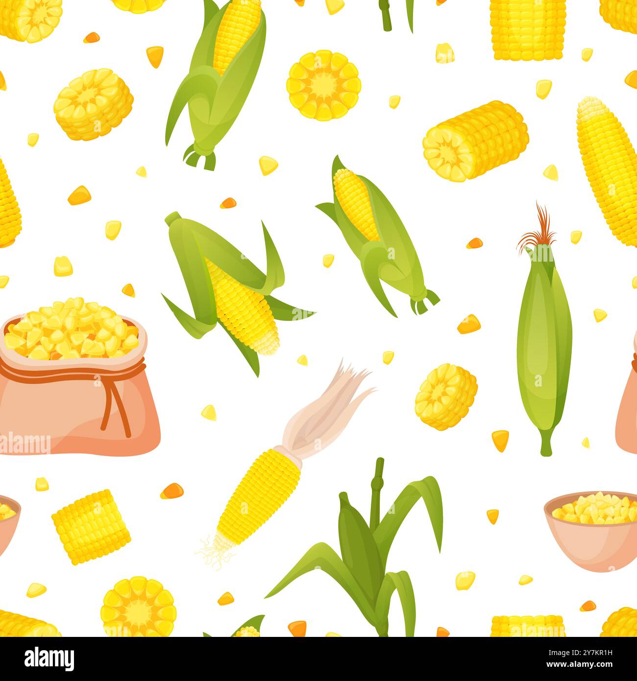 Rafles de maïs sans couture. Épillets de maïs, grains jaunes et épis dans les feuilles. Agriculture marché frais, récolte saisonnière. Vecteur brut organique Illustration de Vecteur