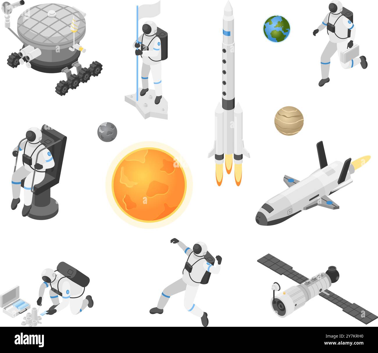 Astronaute isométrique et éléments spatiaux. Exploration de l'univers, cosmonaute scientifique faisant de la recherche. Combinaison spatiale, formation, navire et satellite impeccable Illustration de Vecteur