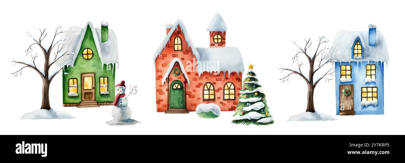 Maisons enneigées en hiver. Arbre de Noël, illustration peinte à la main à l'aquarelle isolée sur fond. Pour designers, décoration, boutique, carte postale Banque D'Images