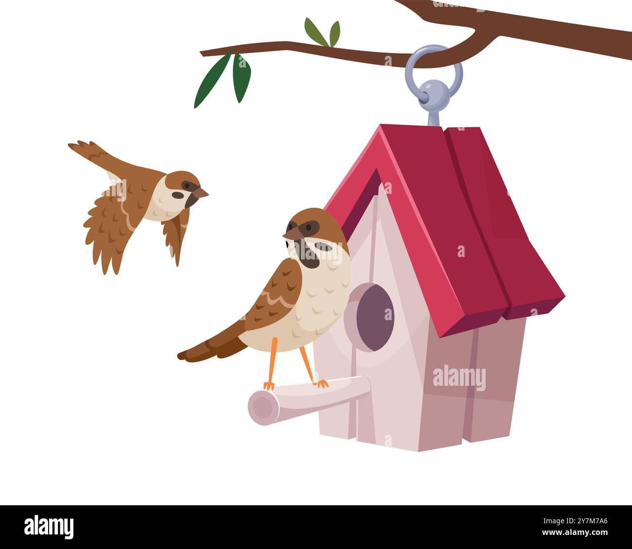 moineaux de dessin animé. oiseaux drôles volant et assis sur la maison des oiseaux Illustration de Vecteur