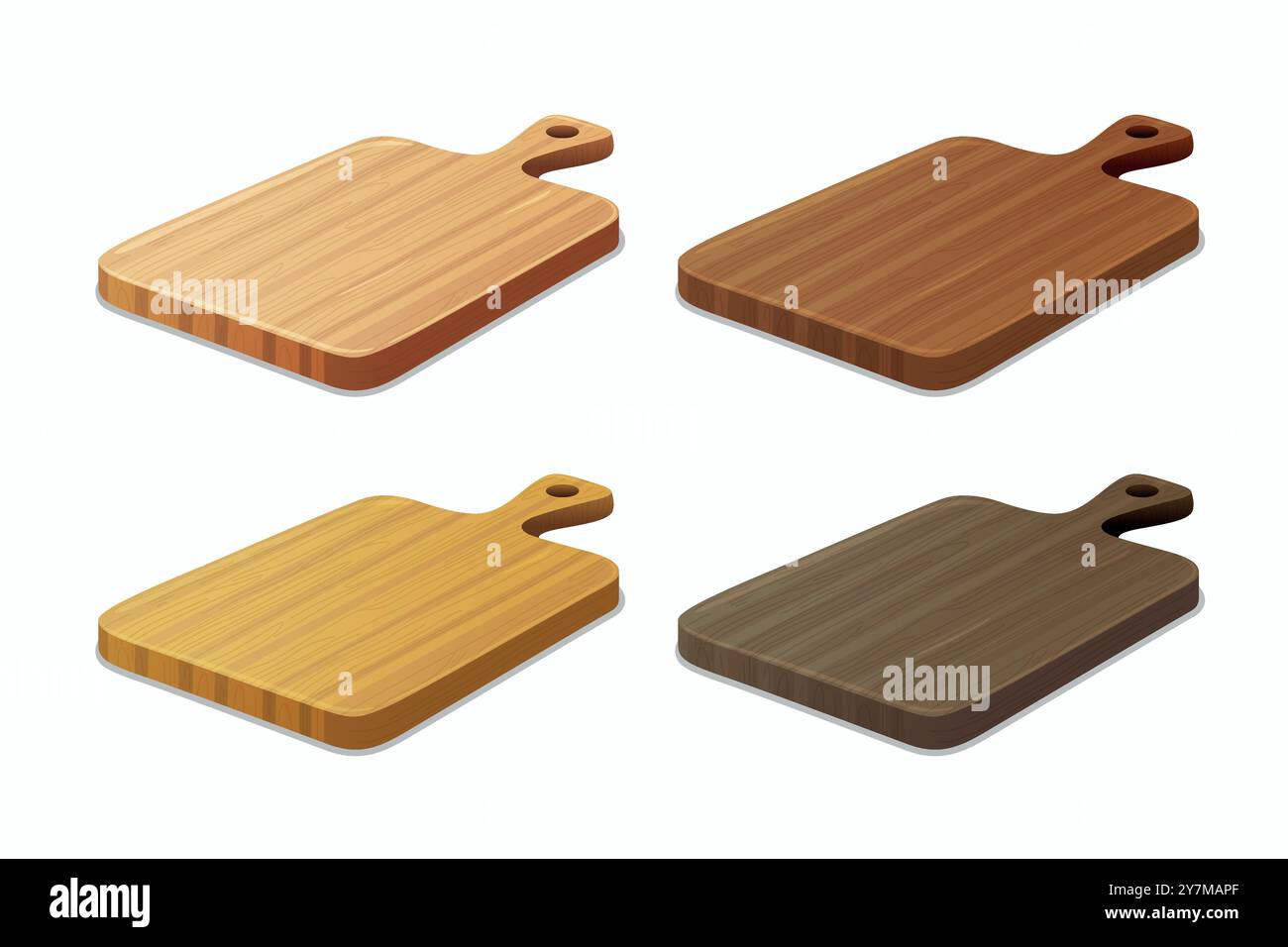 Jeu de planche à découper vectoriel. Planches à découper en bois dans diverses nuances de bois, ustensiles de cuisine pour la préparation des aliments. Planches à découper en bois colorées, planche à découper Illustration de Vecteur