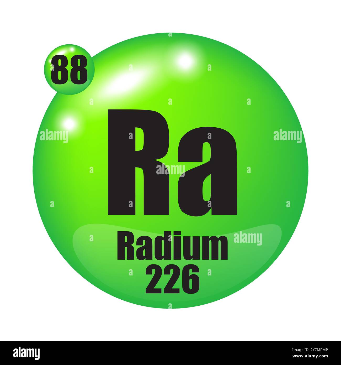 Icône radium. Elément chimique RA. Numéro atomique 88. Masse 226. Sphère verte. Illustration de Vecteur